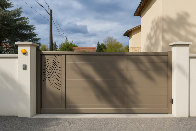 Réalisation d’un portail coulissant motorisé sur-mesure en aluminium taupe avec lame décorative par Daniel Moquet Aix-en-Provence